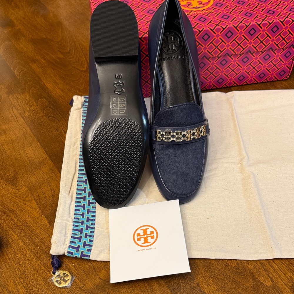 Tory Burch Royal Navy Gemini Leather/Brushed Hair  Loafers with Gold Detail - Picture 4 of 9